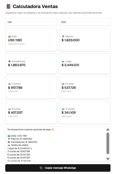Captura de la calculadora de cuotas con valores cargados